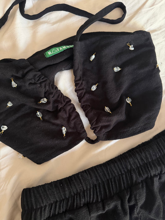 Pantalones Cortos de Lino Negros Bordados Gaya Set