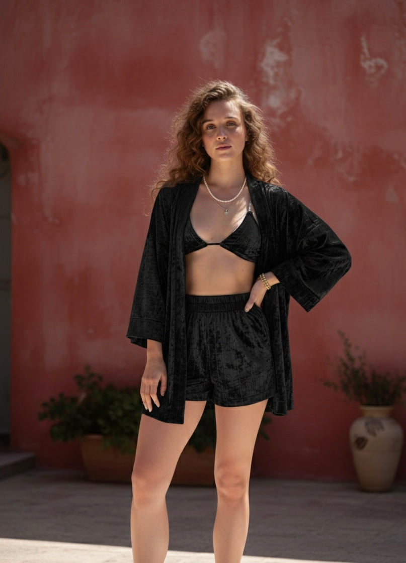 Luna Kimono Set Black Sparkle Shorts