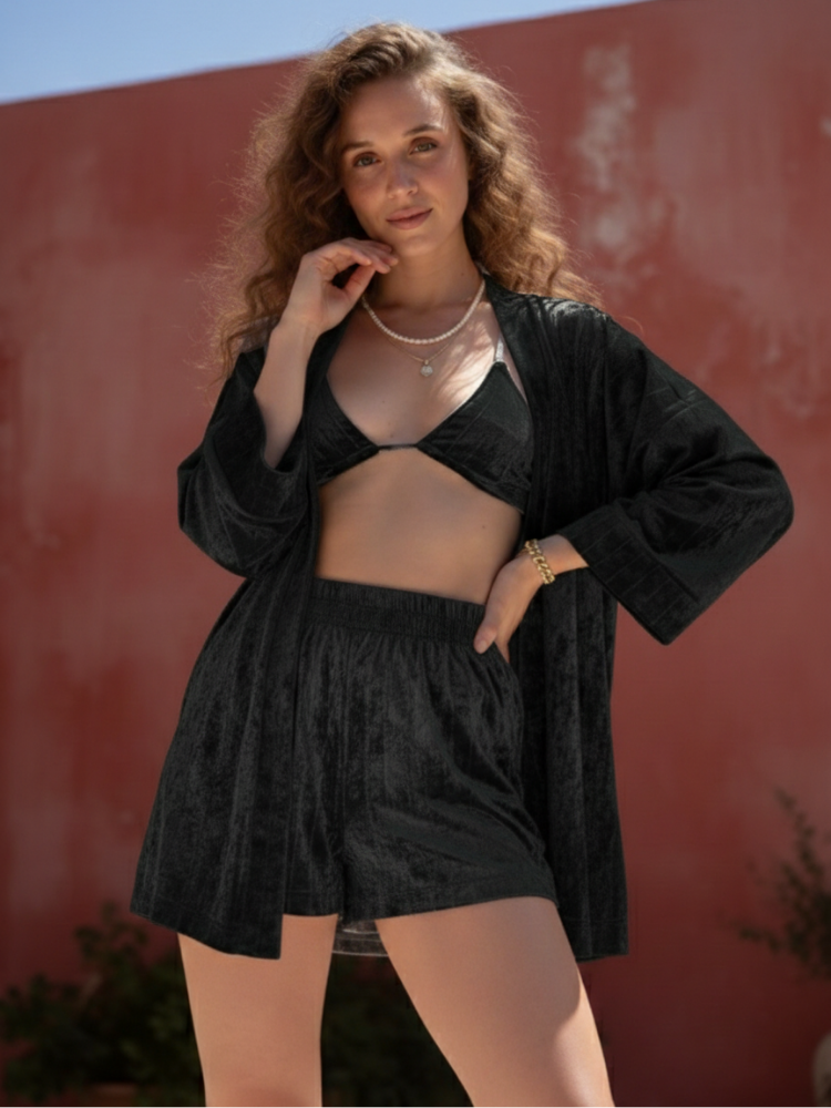 Luna Kimono Set Black Sparkle Shorts