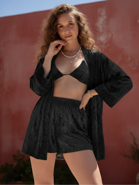 Luna Kimono Set Black Sparkle Shorts